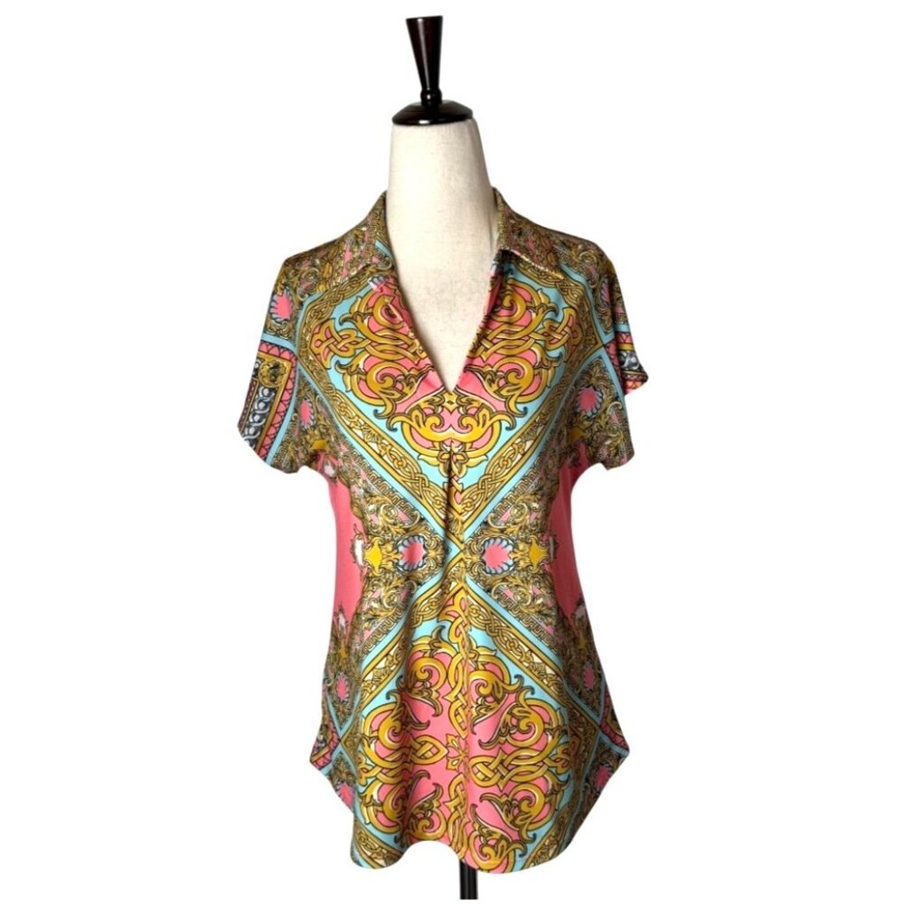 Hale Bob Shirt Women Small Gold Pink Geometric Jersey Knit Collared Pullover Top